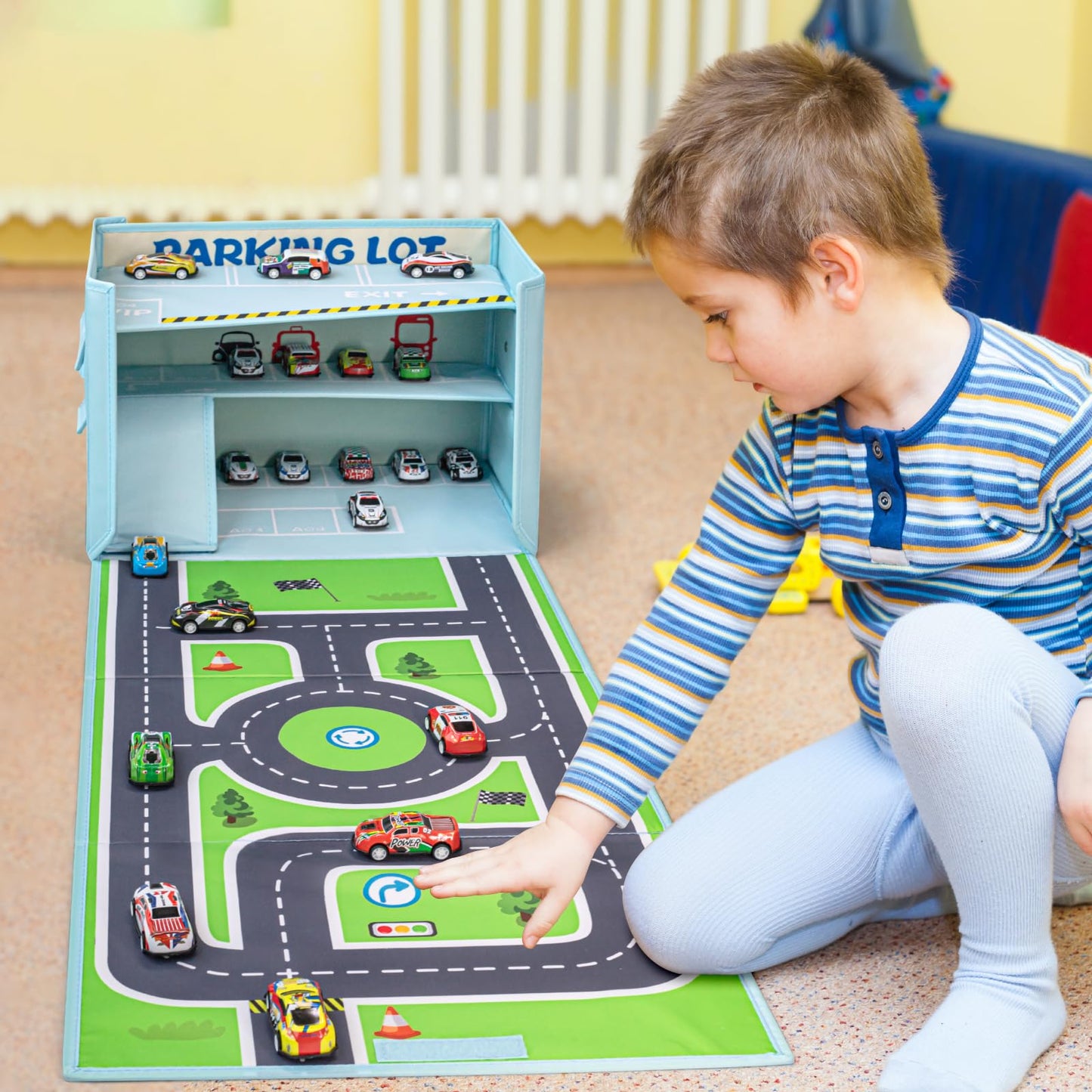 Livememory Toy Car Garage Box — 3-in-1 Storage, Play Mat & 3-Level Garage (Cars Not Included)