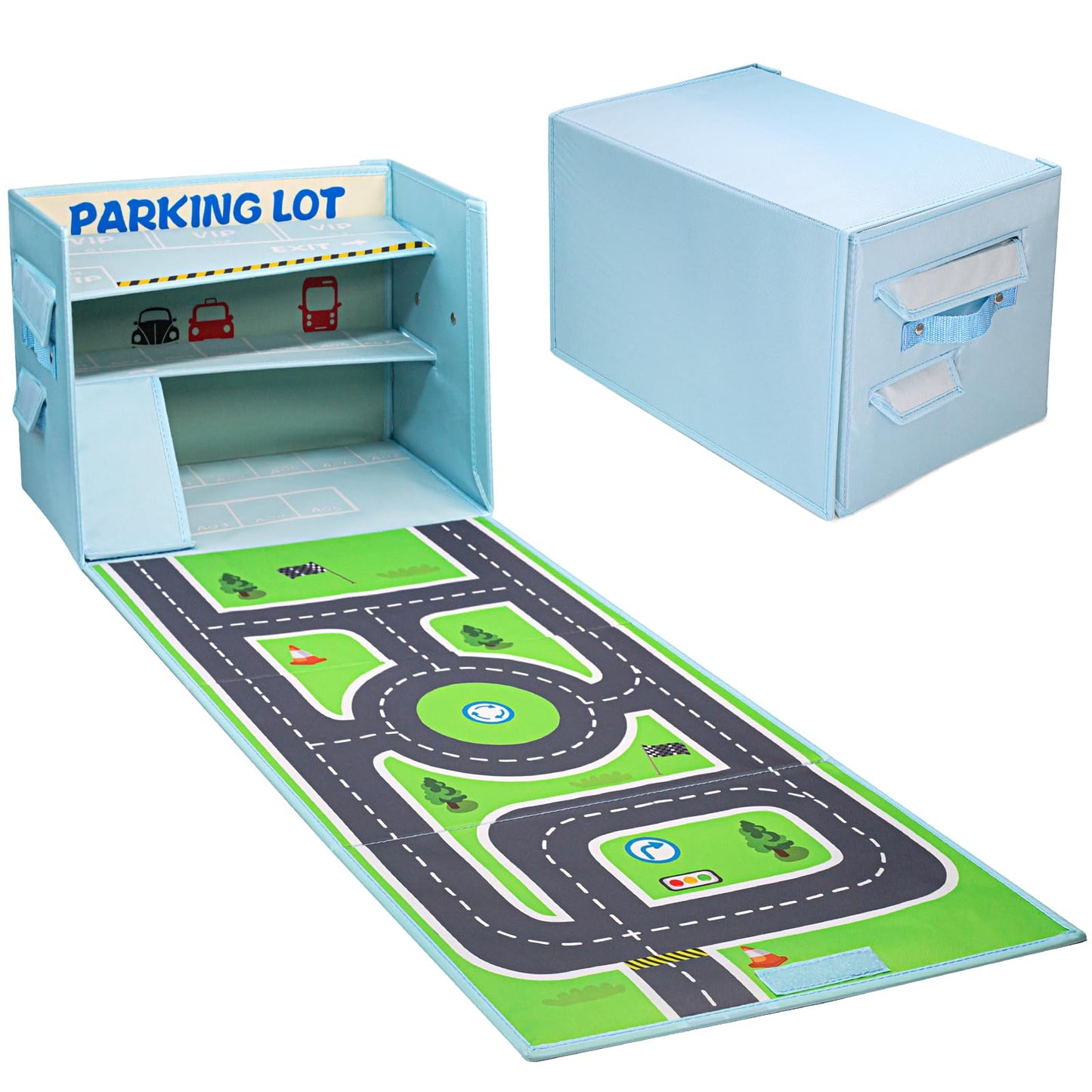 Livememory Toy Car Garage Box — 3-in-1 Storage, Play Mat & 3-Level Garage (Cars Not Included)
