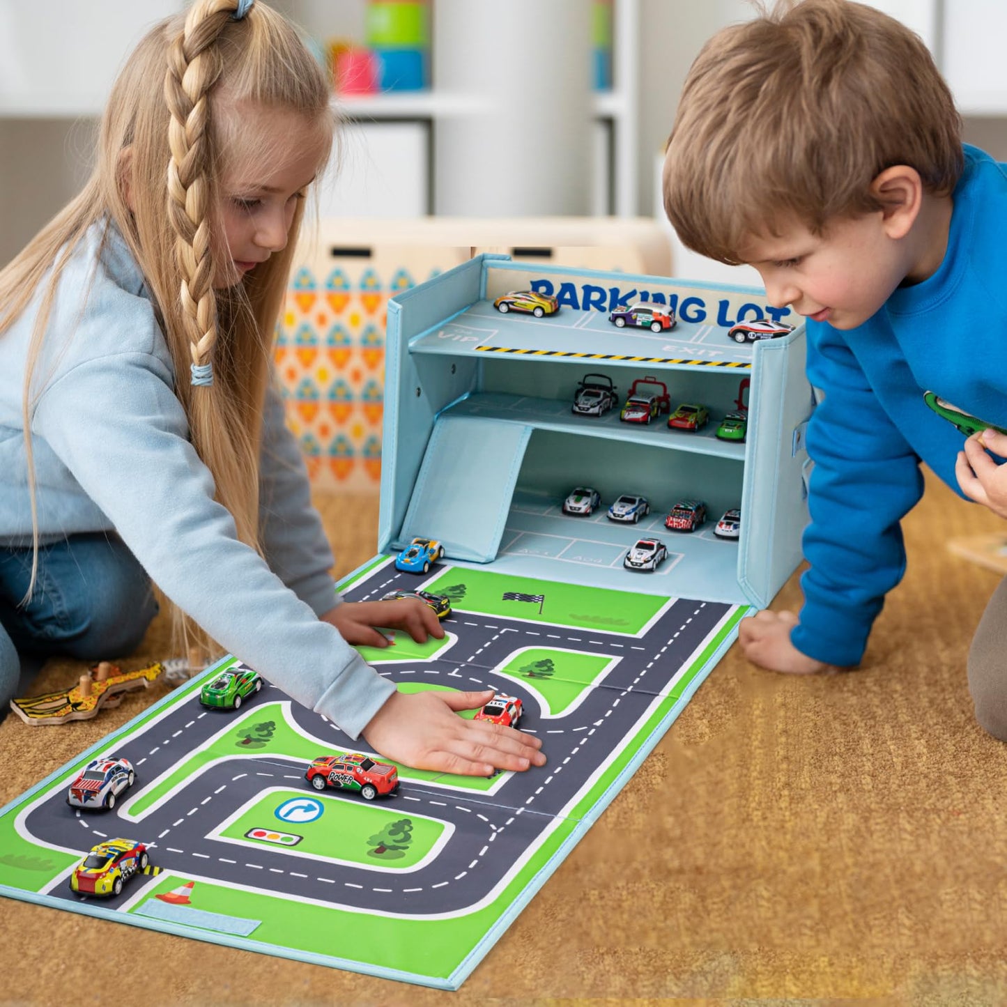 Livememory Toy Car Garage Box — 3-in-1 Storage, Play Mat & 3-Level Garage (Cars Not Included)