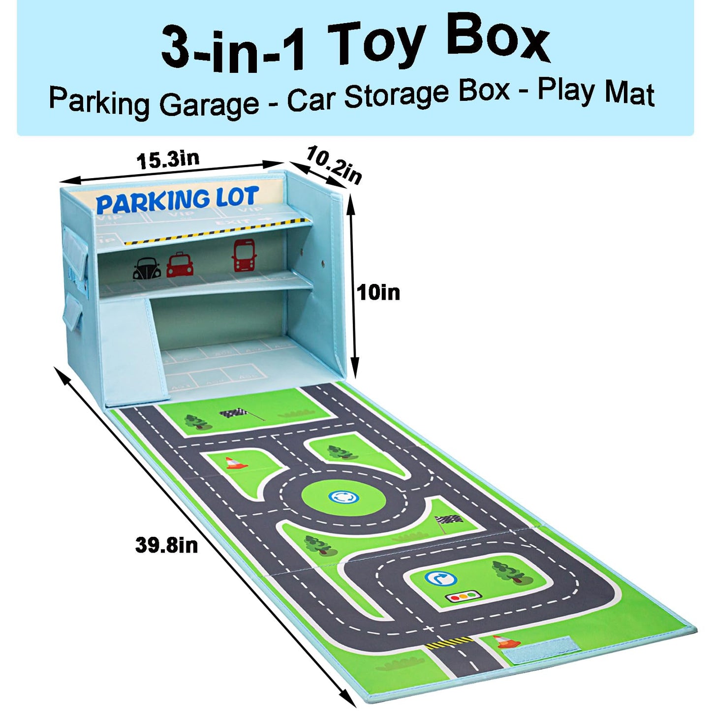 Livememory Toy Car Garage Box — 3-in-1 Storage, Play Mat & 3-Level Garage (Cars Not Included)
