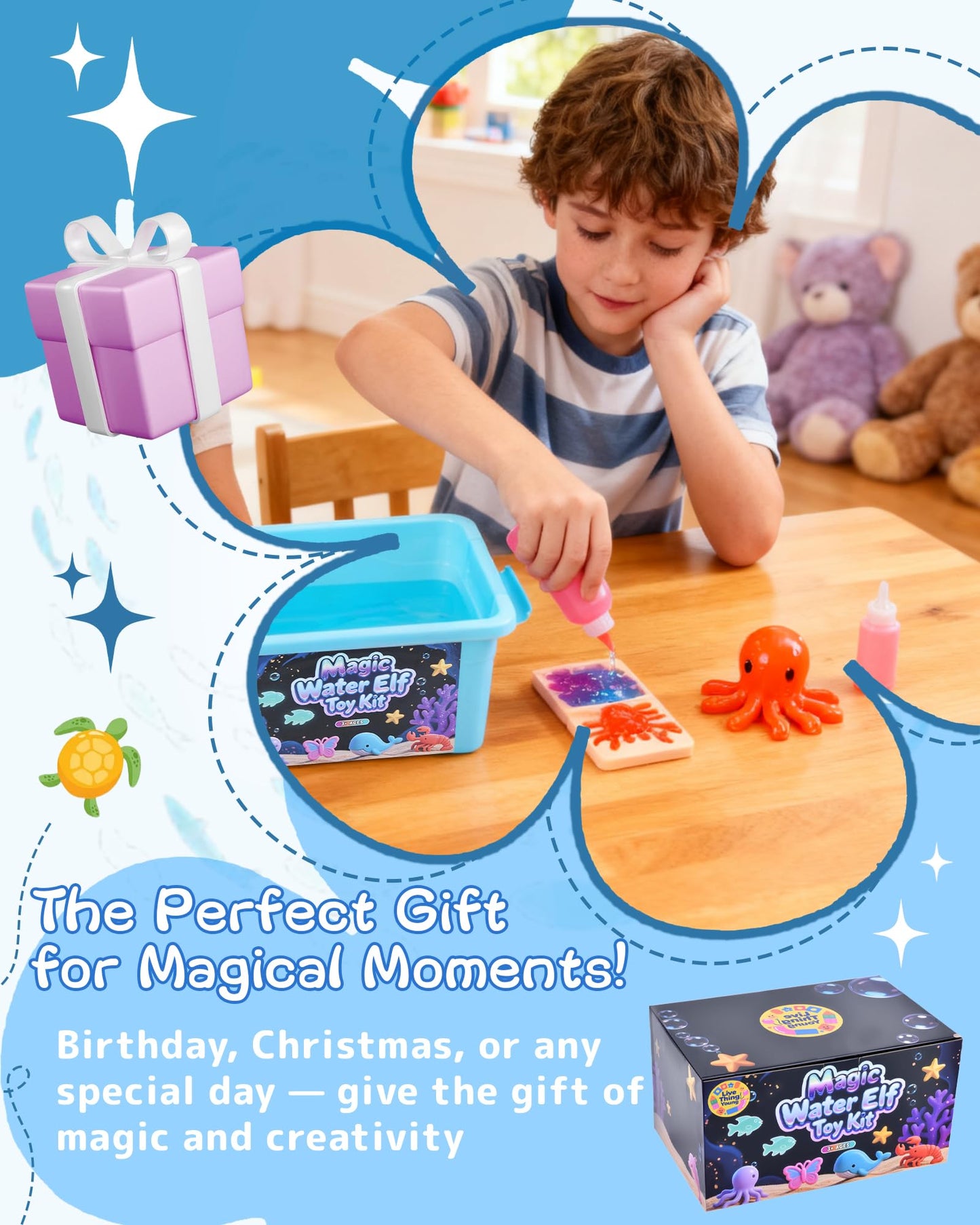 LiveThingYoung Magic Water Elf Toy Kit – 20 Gels, 24 Molds, Sensory STEM Play for Kids 3+