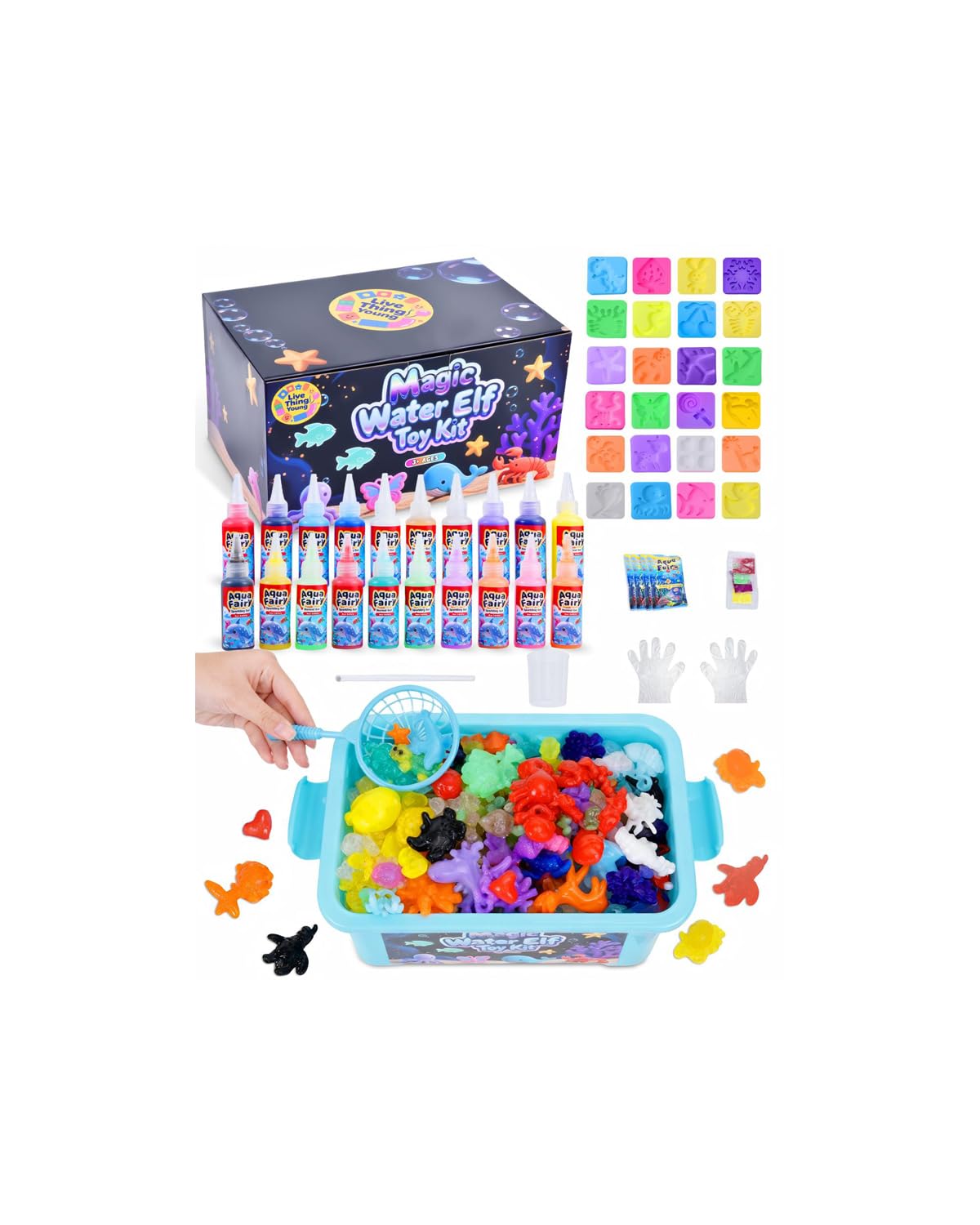 LiveThingYoung Magic Water Elf Toy Kit – 20 Gels, 24 Molds, Sensory STEM Play for Kids 3+