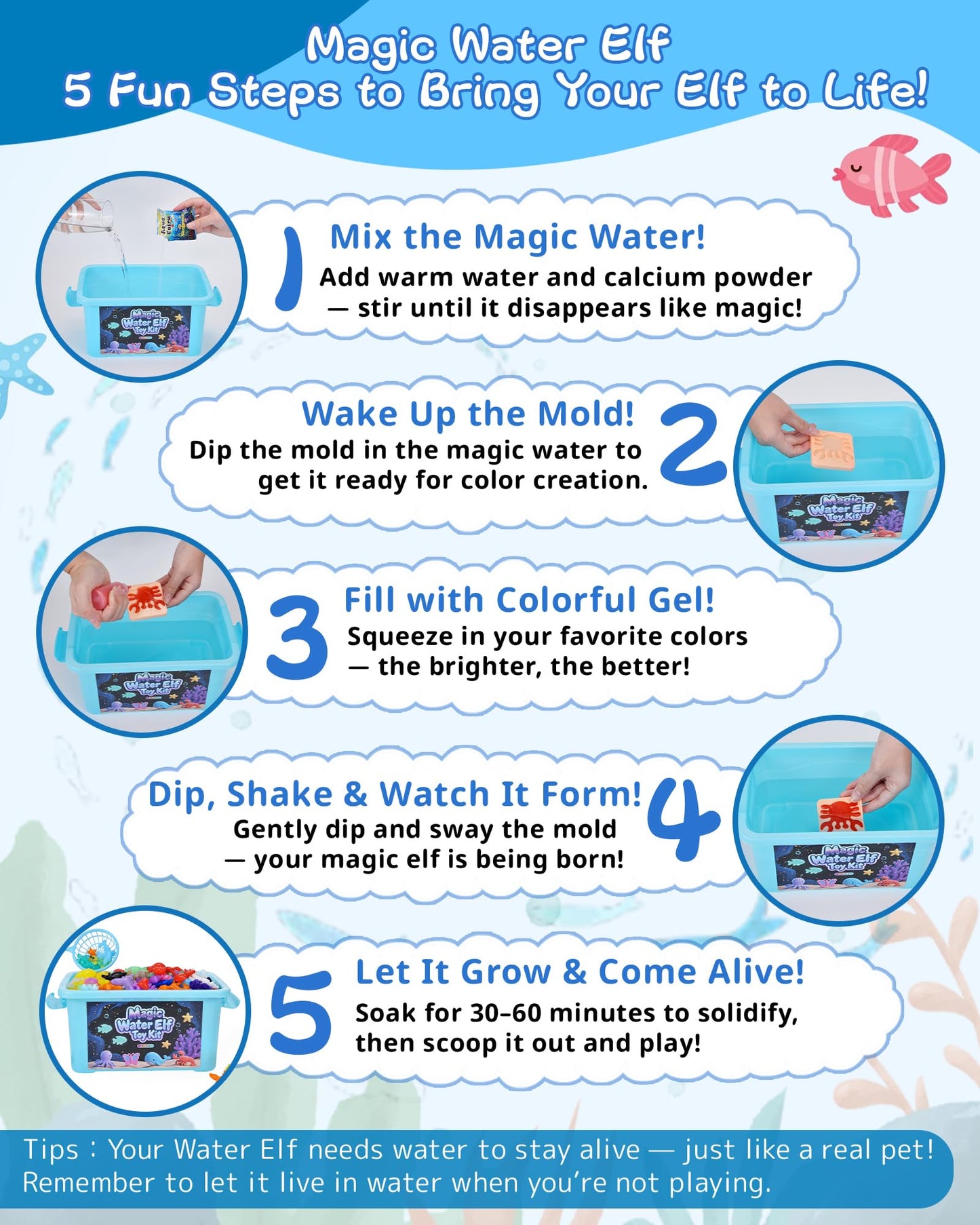 LiveThingYoung Magic Water Elf Toy Kit – 20 Gels, 24 Molds, Sensory STEM Play for Kids 3+