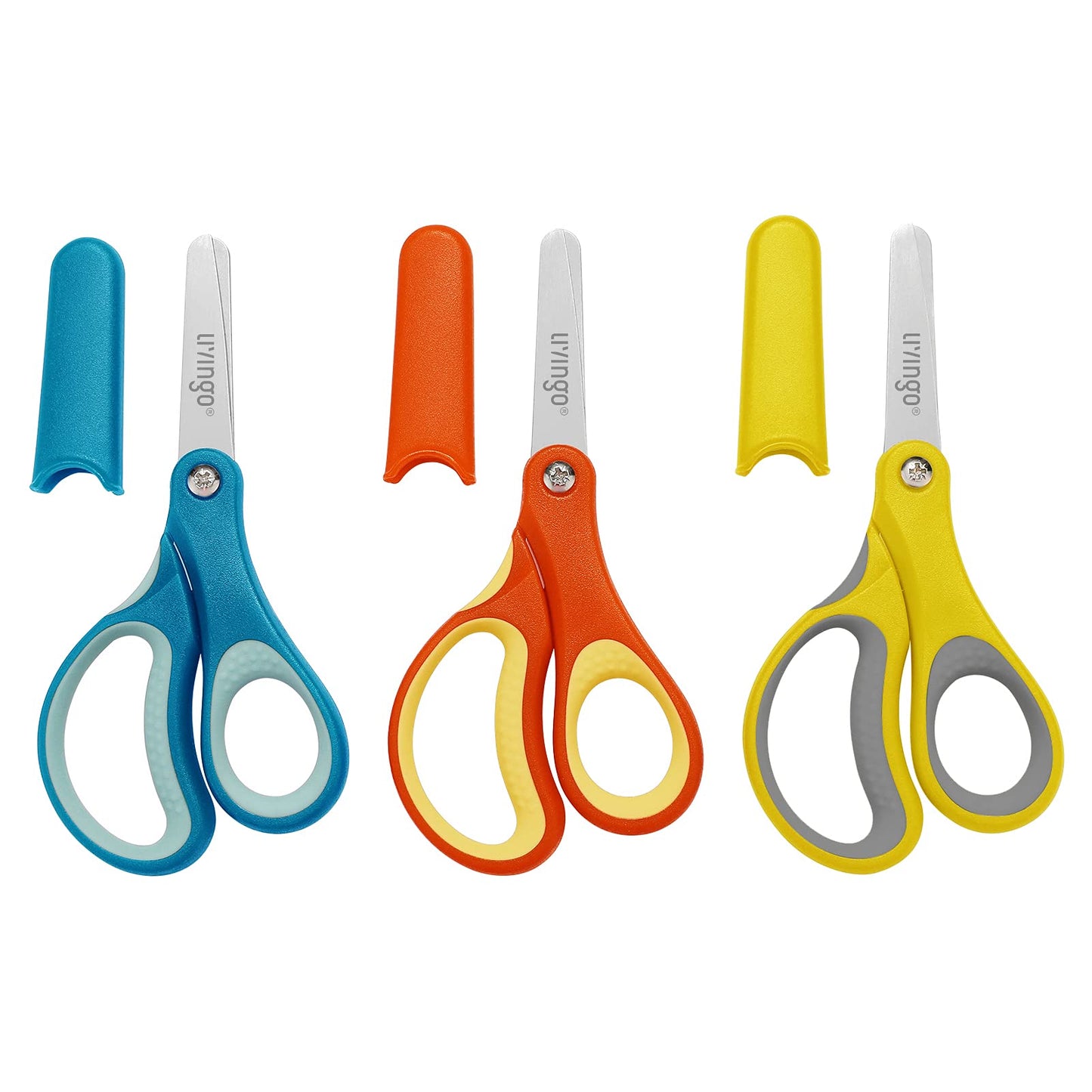 LIVINGO 3 Pack 5” Kids Scissors — Left/Right Handed, Safe Blunt Stainless, with Cover | Classroom Craft Supplies