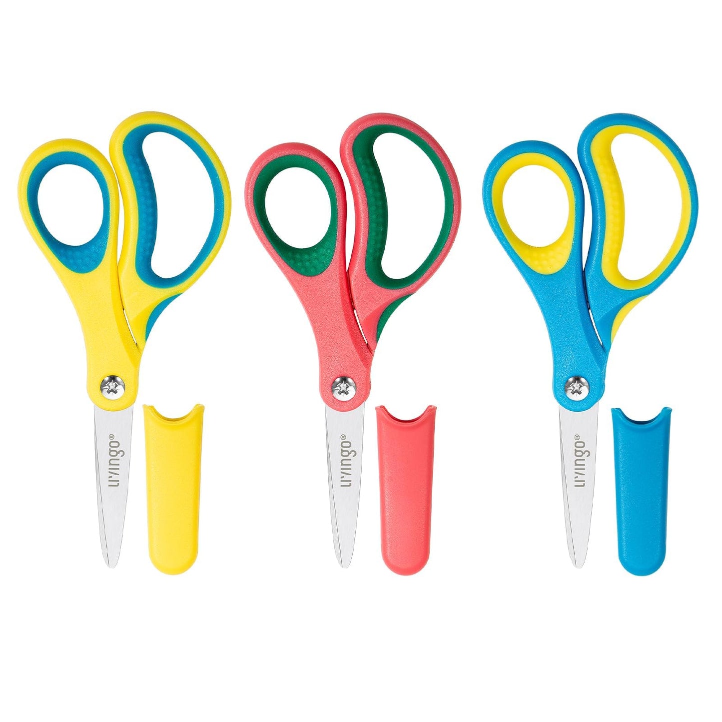 LIVINGO 5-Inch Kids Scissors – Pointed Tip, Soft Ergonomic Handles, Right/Left Handed, 3-Pack