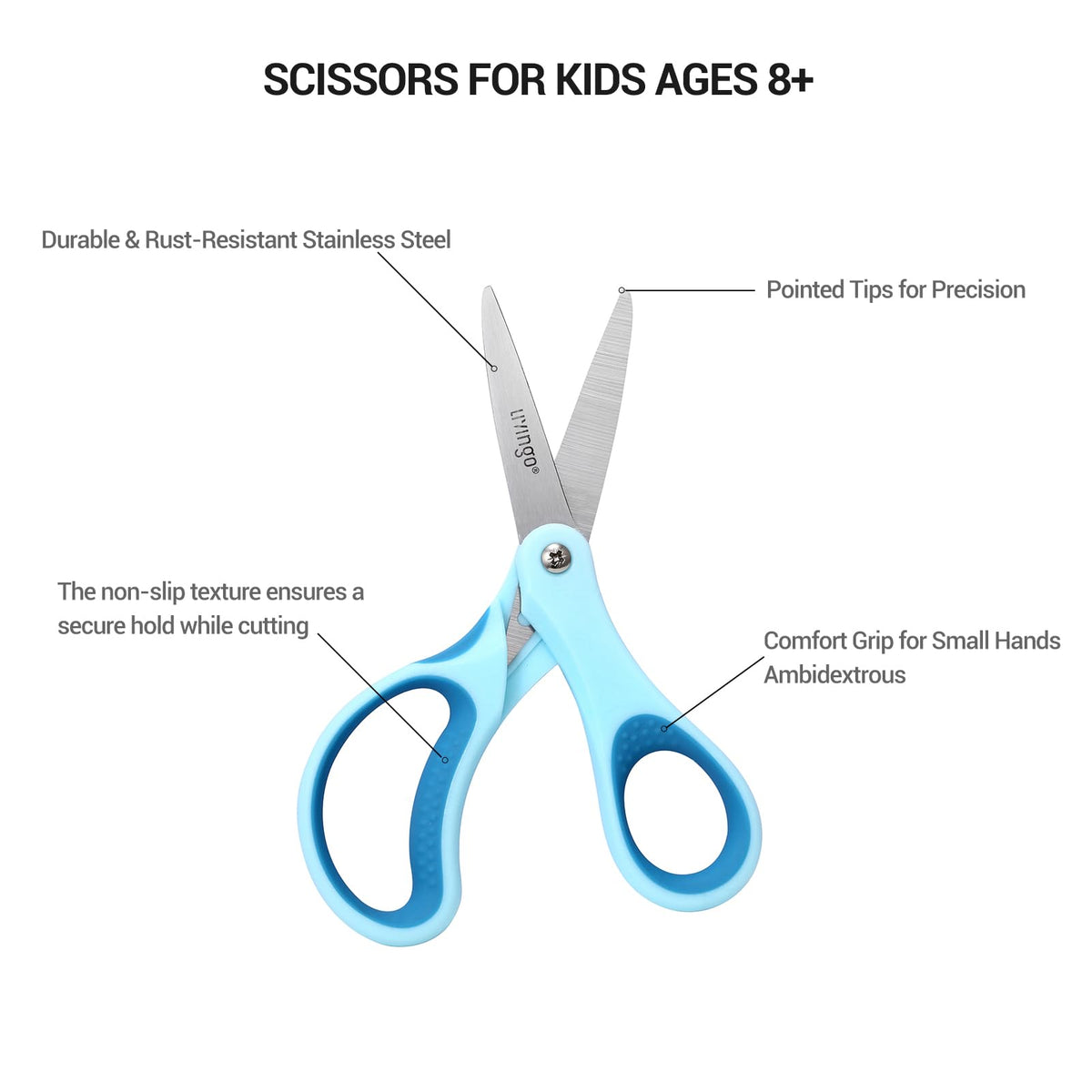 LIVINGO Kids Scissors 6” Pointed Tip – 3 Pack for Ages 8–11 | Stainless Steel Classroom Scissors