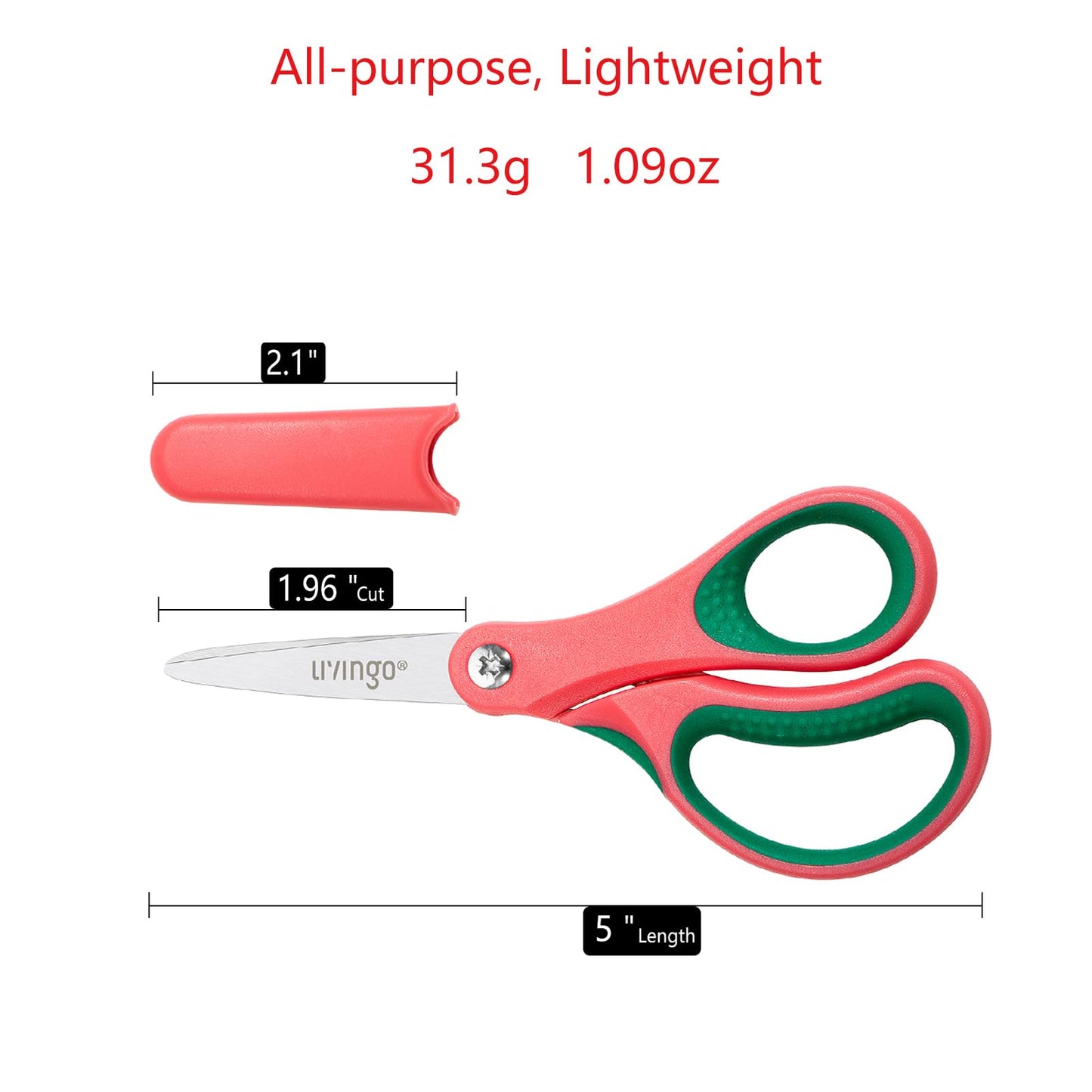 LIVINGO 5-Inch Kids Scissors – Pointed Tip, Soft Ergonomic Handles, Right/Left Handed, 3-Pack