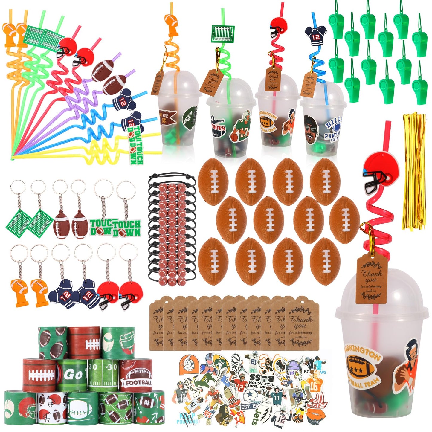 LiYiQ 158 Pcs Football Party Favors – Cups, Straws, Whistles & Accessories