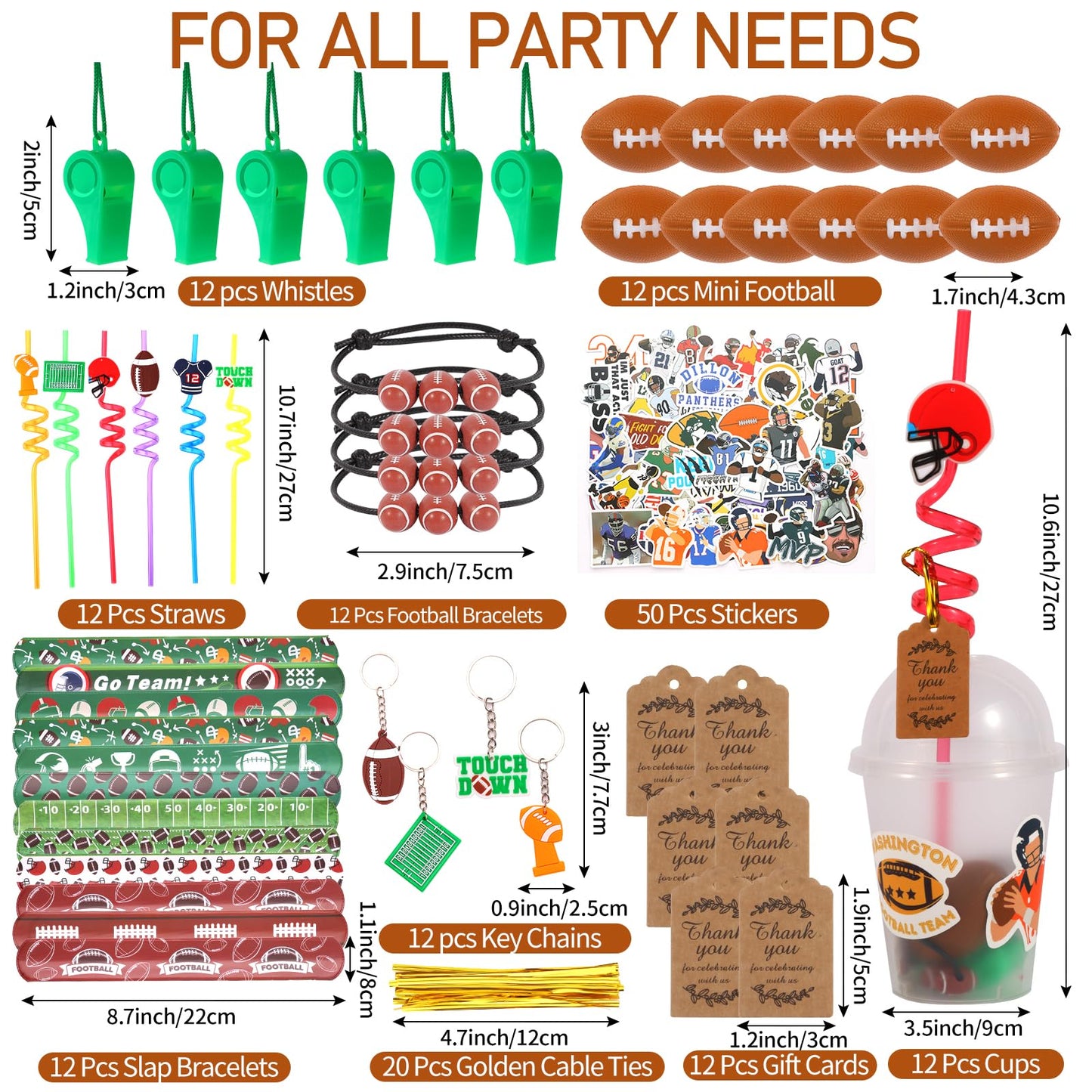 LiYiQ 158 Pcs Football Party Favors – Cups, Straws, Whistles & Accessories