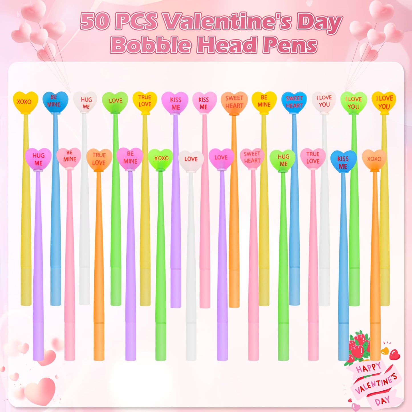 LiYiQ 50 Pcs Valentine's Day Conversation Bobblehead Pens – Cute Kawaii Fidget Pens