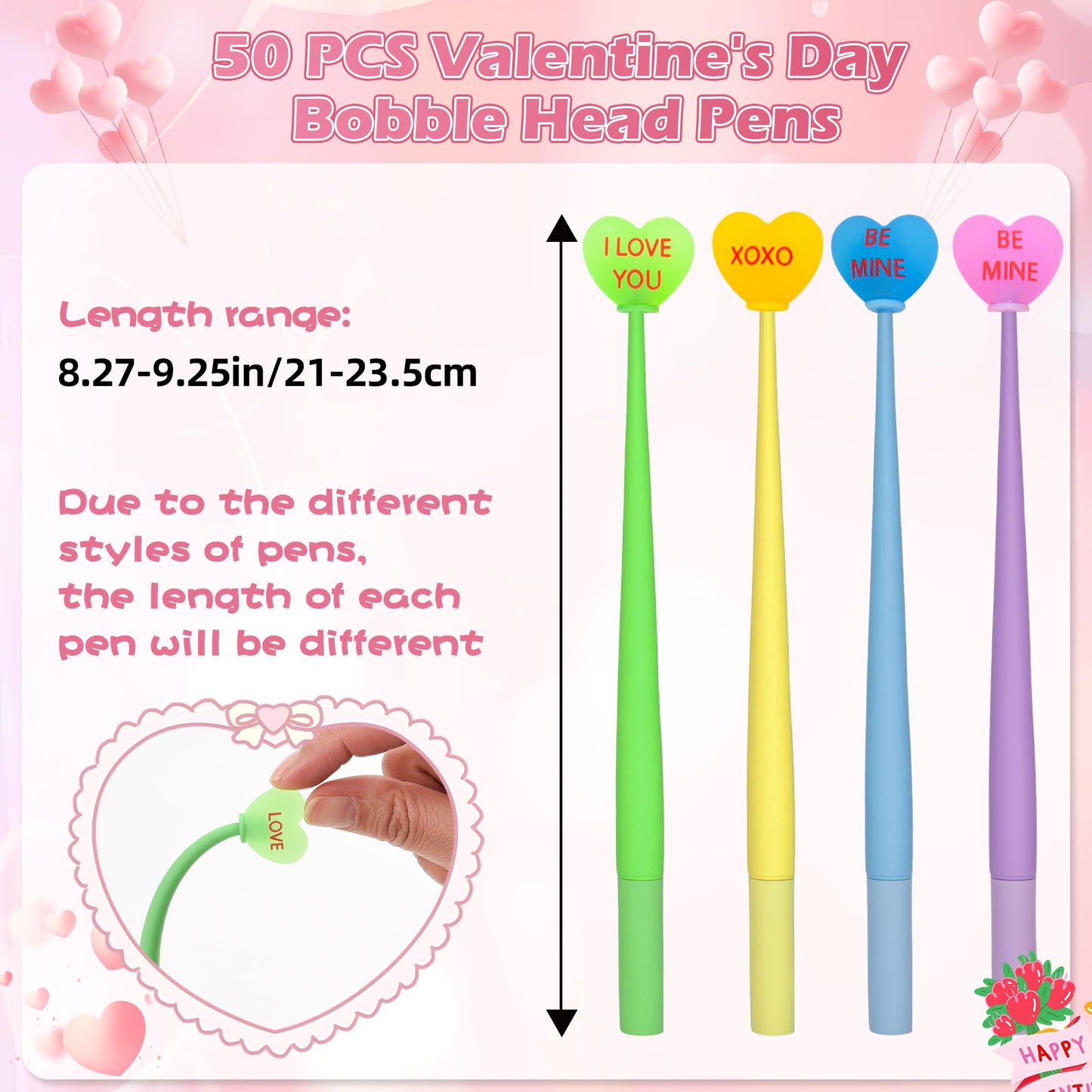 LiYiQ 50 Pcs Valentine's Day Conversation Bobblehead Pens – Cute Kawaii Fidget Pens