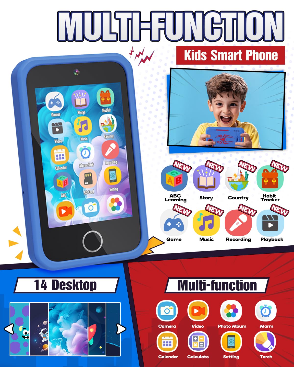Lizzbey Kids Smart Phone - 3.5'' Dual Camera Toy Phone with ABC Learning & Habit Tracker