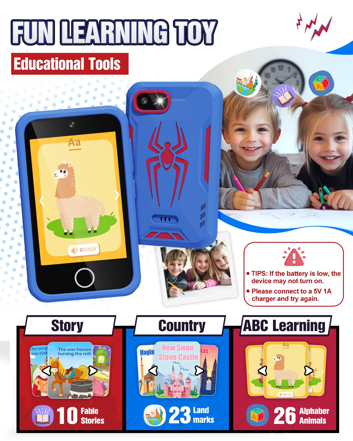 Lizzbey Kids Smart Phone - 3.5'' Dual Camera Toy Phone with ABC Learning & Habit Tracker