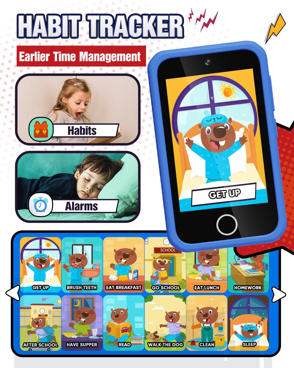 Lizzbey Kids Smart Phone - 3.5'' Dual Camera Toy Phone with ABC Learning & Habit Tracker