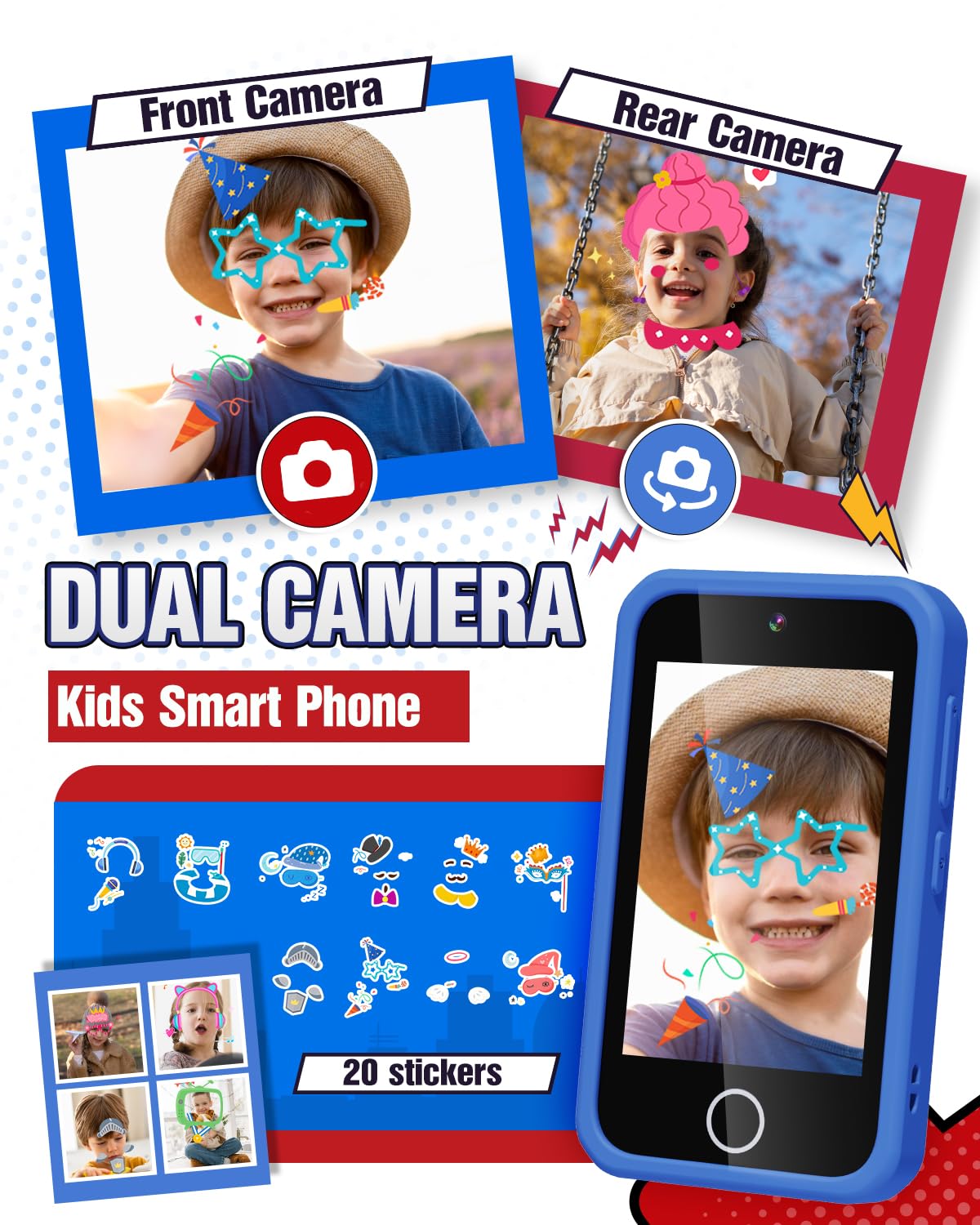 Lizzbey Kids Smart Phone - 3.5'' Dual Camera Toy Phone with ABC Learning & Habit Tracker