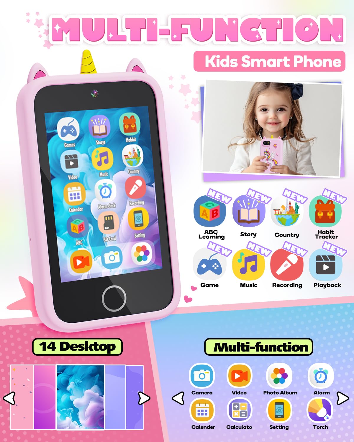 Lizzbey Kids Smart Phone – Unicorn Toy Phone for 3-8 Years | Educational, Dual Camera
