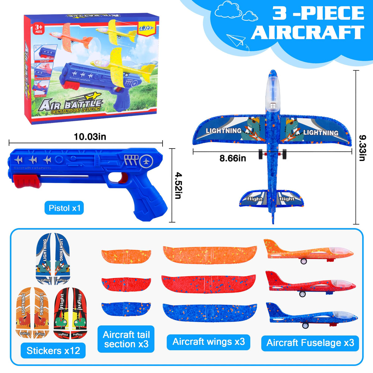 LJZJ 3-Pack Airplane Launcher Toys with LED Glider Planes – 2 Flight Modes for Kids 3+