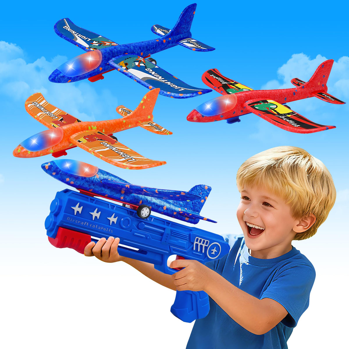 LJZJ 3-Pack Airplane Launcher Toys with LED Glider Planes – 2 Flight Modes for Kids 3+