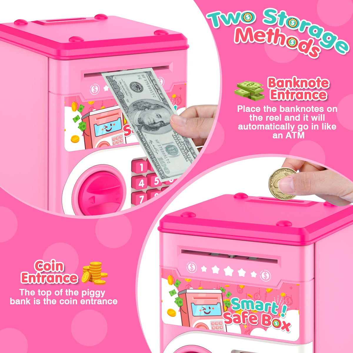 LJZJ Pink Piggy Bank with Password Lock & Auto Grab Slot – Kid Safe Money Box