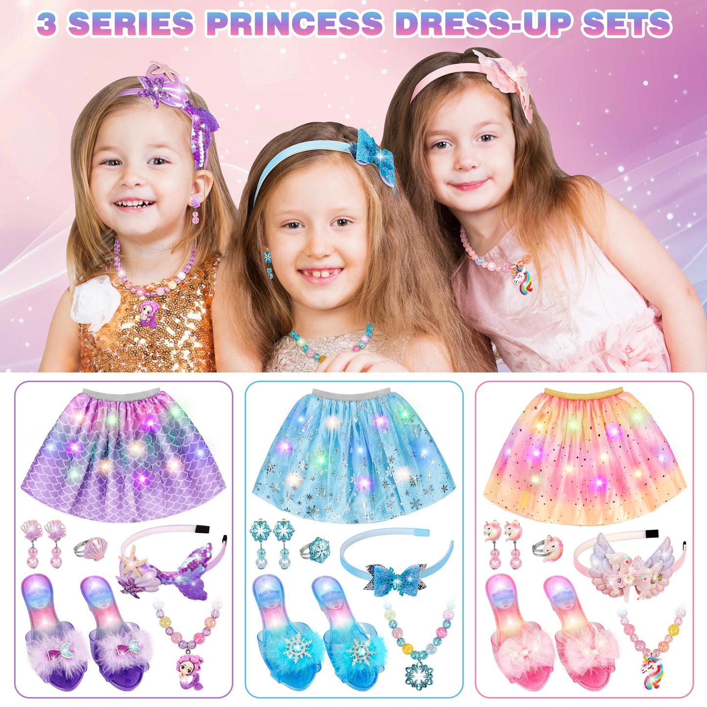 LJZJ Princess Dress Up Set for Girls - 3-Piece Costume with Shoes, Tiara & Jewelry (Ages 3-8)