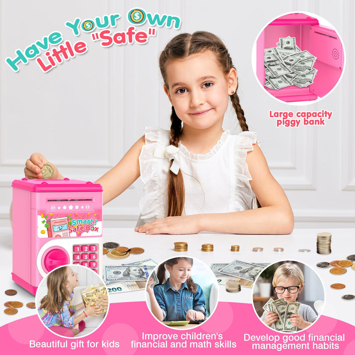 LJZJ Pink Piggy Bank with Password Lock & Auto Grab Slot – Kid Safe Money Box