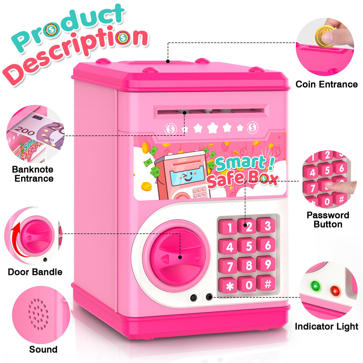LJZJ Pink Piggy Bank with Password Lock & Auto Grab Slot – Kid Safe Money Box