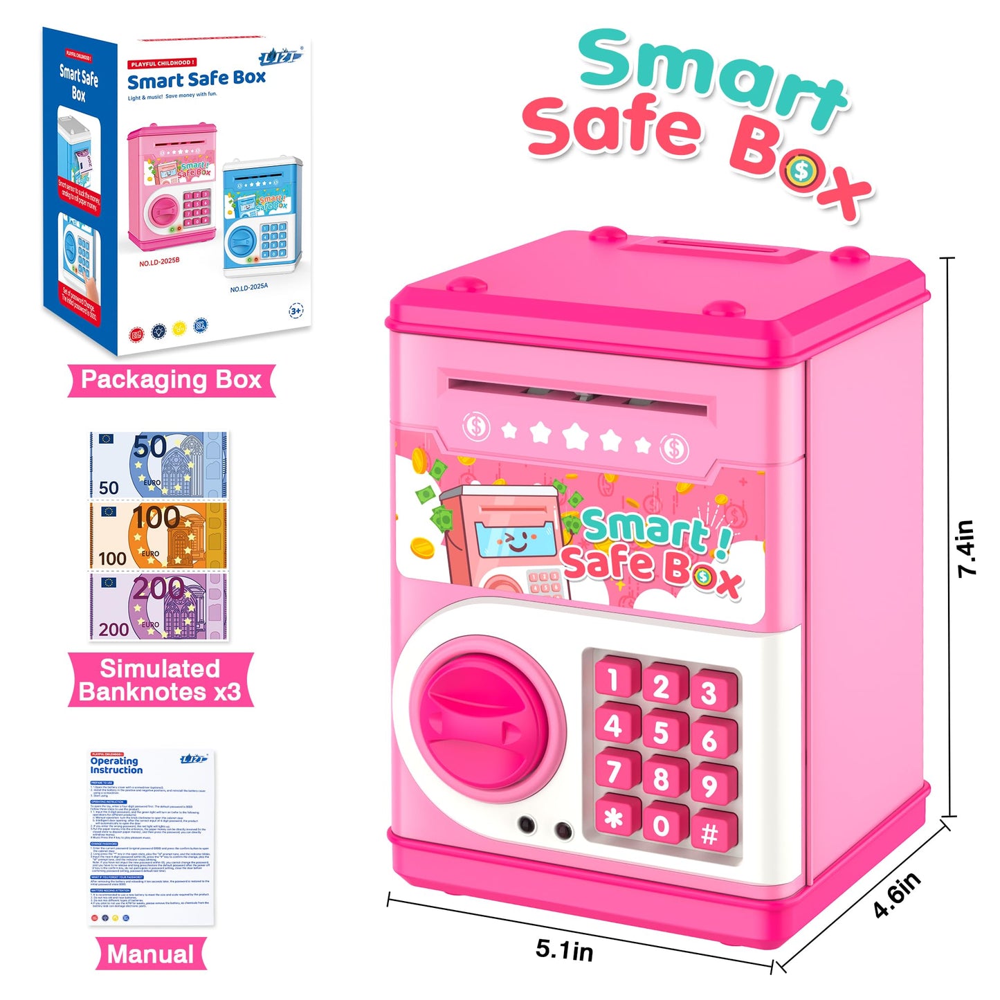 LJZJ Pink Piggy Bank with Password Lock & Auto Grab Slot – Kid Safe Money Box