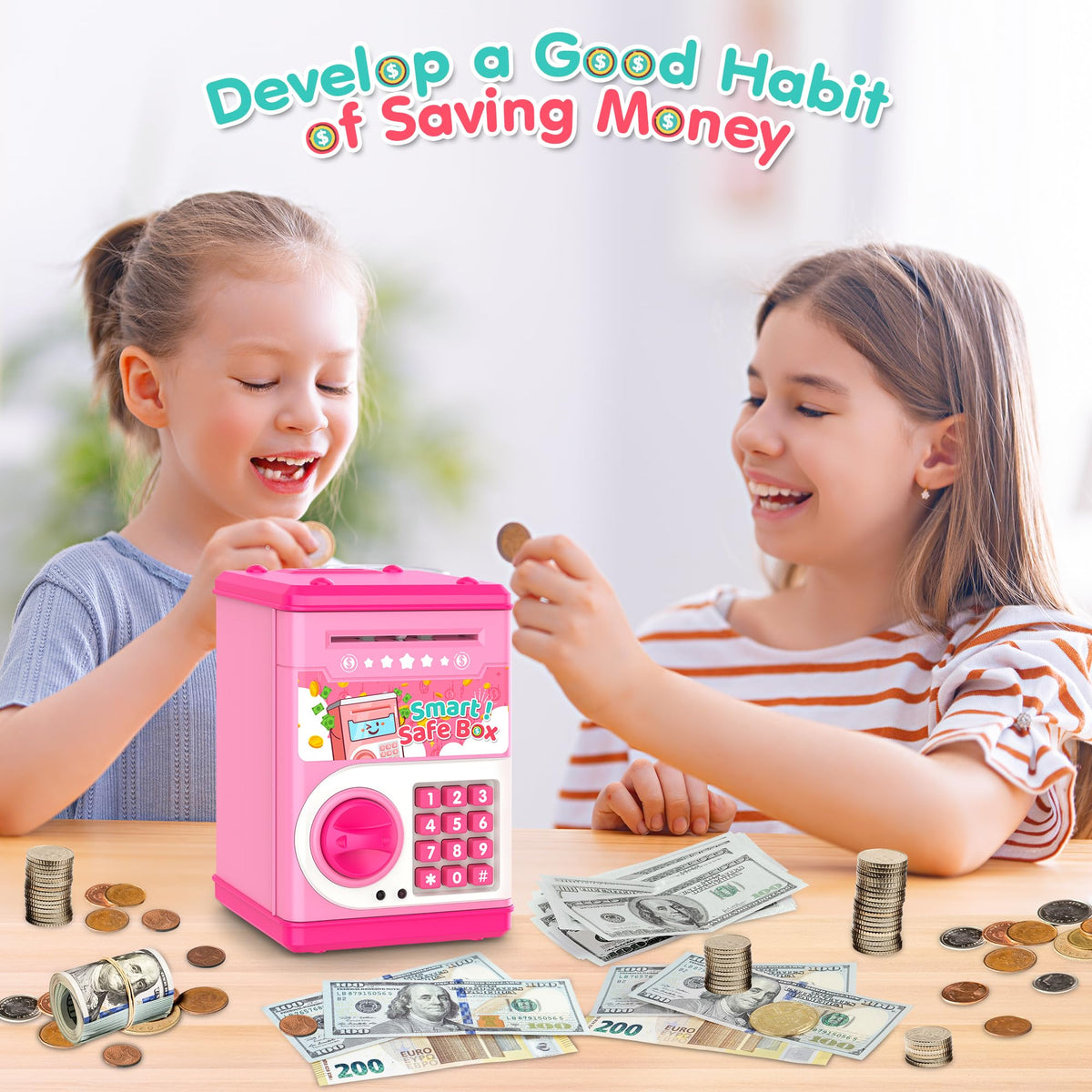 LJZJ Pink Piggy Bank with Password Lock & Auto Grab Slot – Kid Safe Money Box