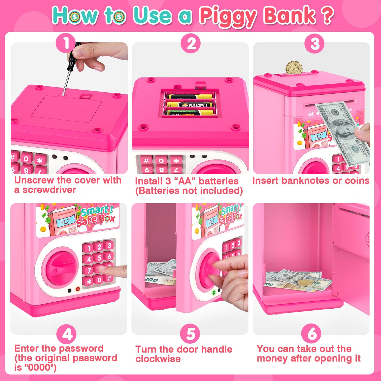 LJZJ Pink Piggy Bank with Password Lock & Auto Grab Slot – Kid Safe Money Box
