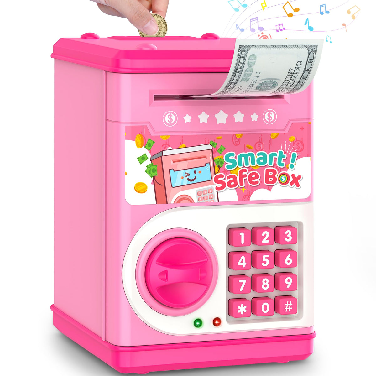 LJZJ Pink Piggy Bank with Password Lock & Auto Grab Slot – Kid Safe Money Box