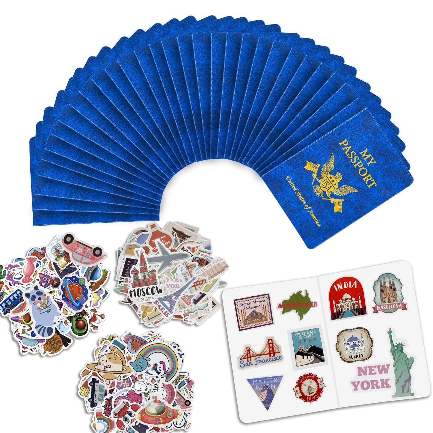 Llamau Blue Passport Book Set: 30 Blank Notebooks + 300 Travel Stickers for Kids
