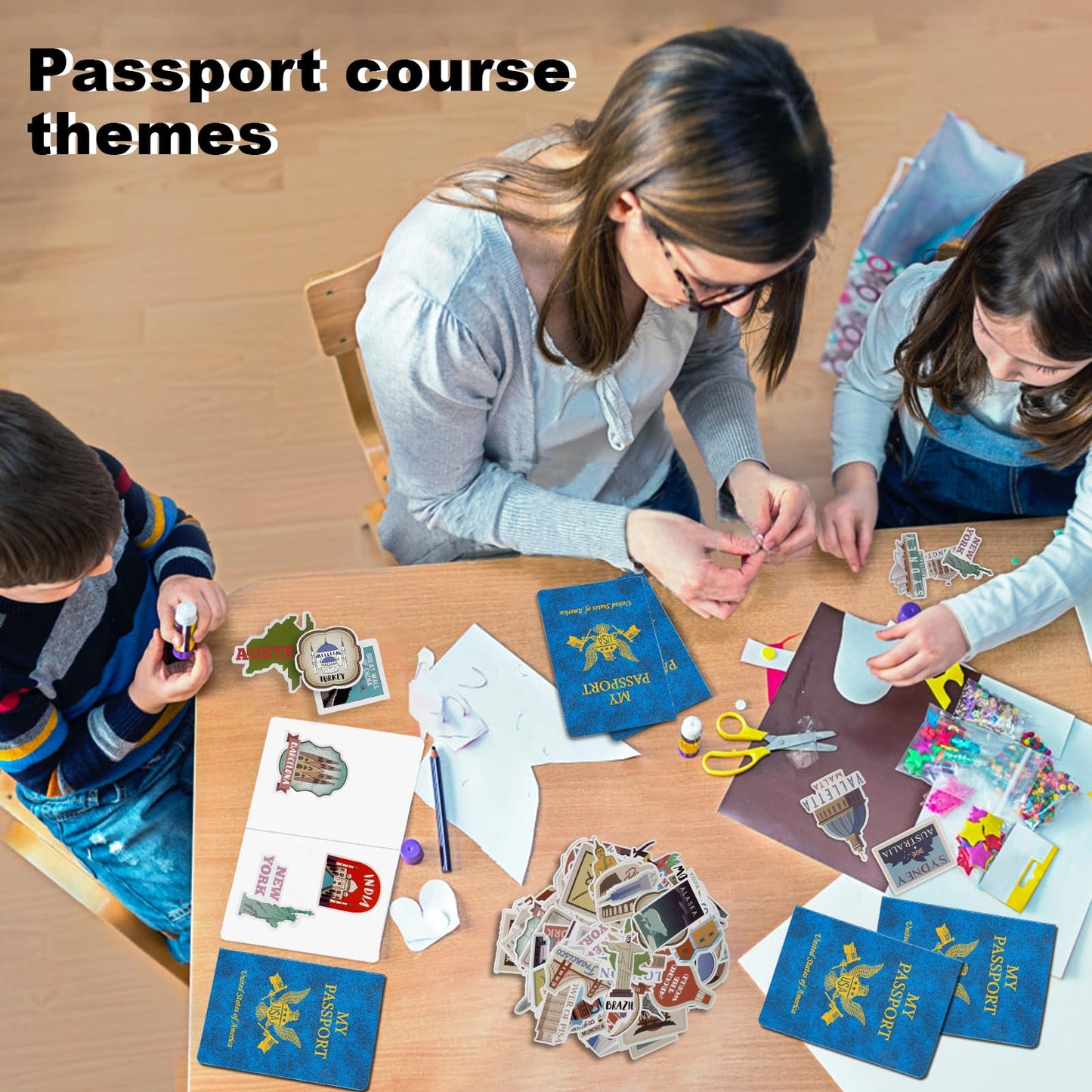 Llamau Blue Passport Book Set: 30 Blank Notebooks + 300 Travel Stickers for Kids