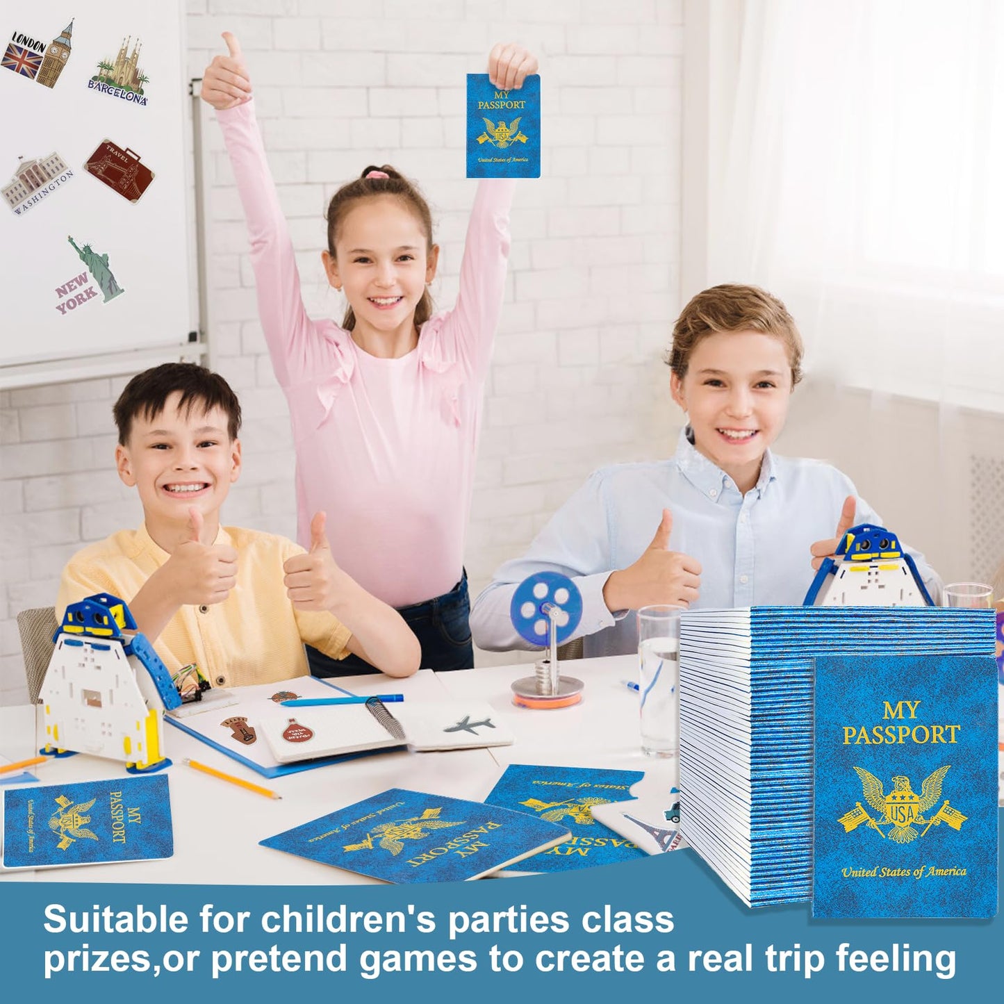 Llamau Blue Passport Book Set: 30 Blank Notebooks + 300 Travel Stickers for Kids