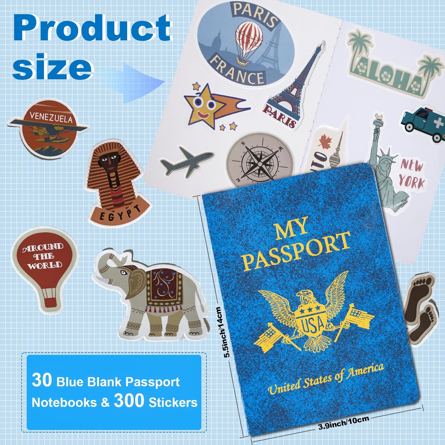 Llamau Blue Passport Book Set: 30 Blank Notebooks + 300 Travel Stickers for Kids