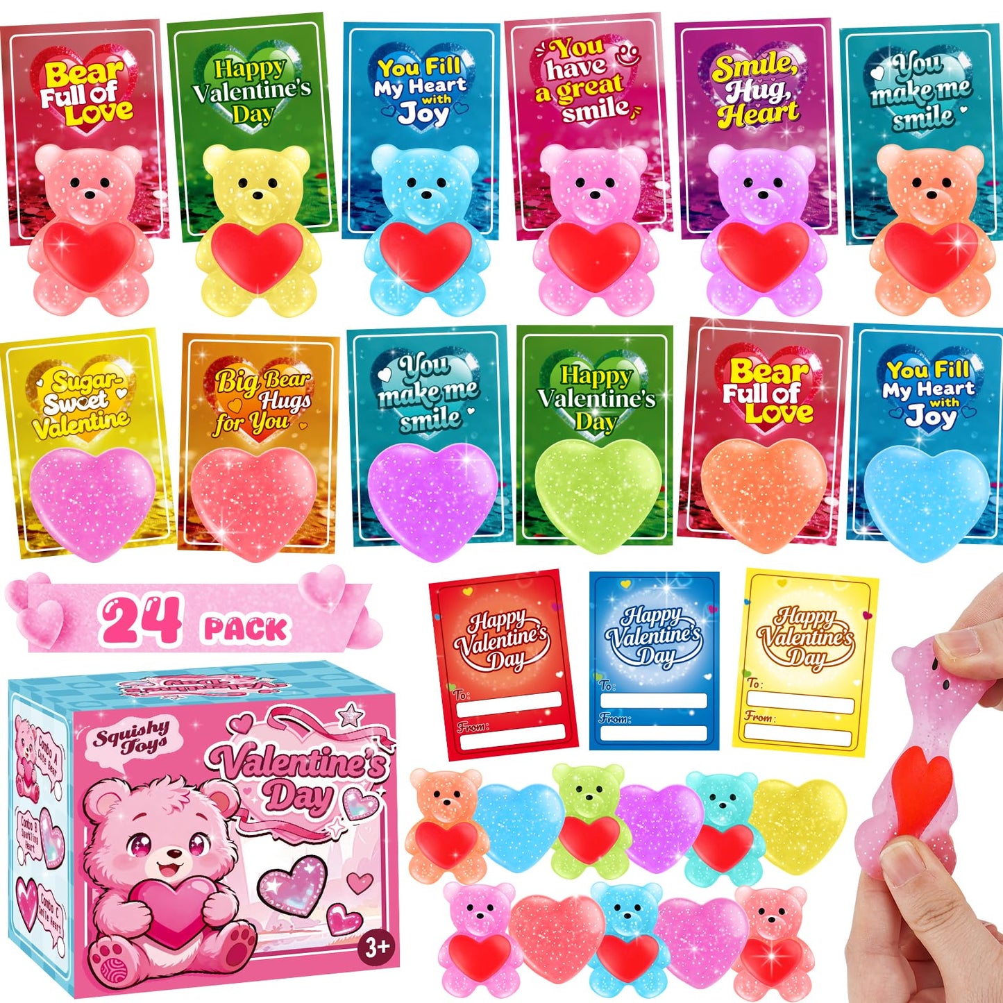 LLESSOO 24-Pack Kids Valentines Day Gifts for School – Cards & Stress Ball Fidgets