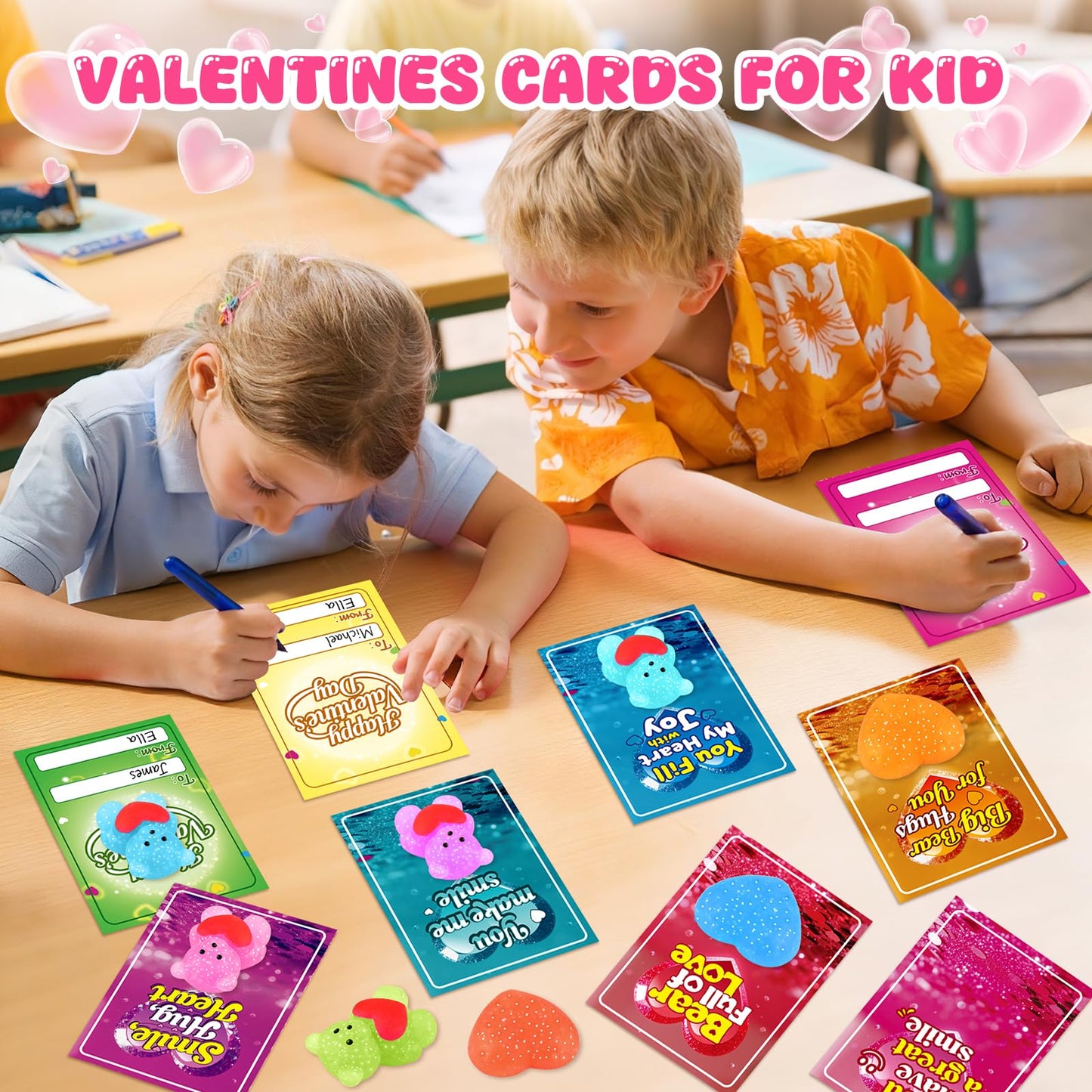 LLESSOO 24-Pack Kids Valentines Day Gifts for School – Cards & Stress Ball Fidgets