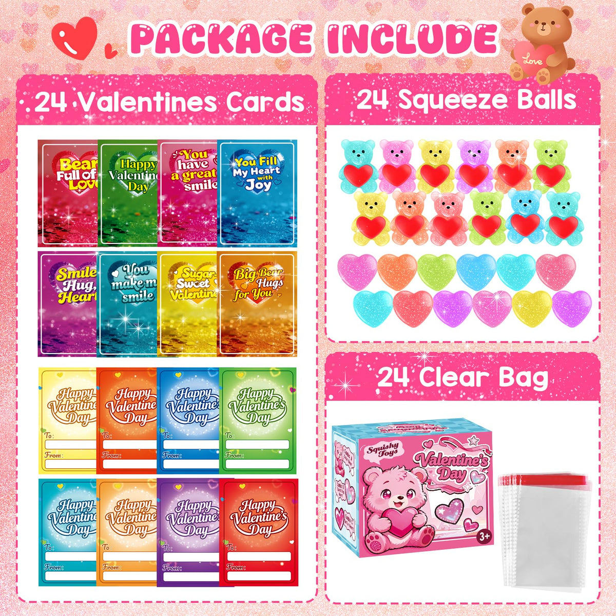 LLESSOO 24-Pack Kids Valentines Day Gifts for School – Cards & Stress Ball Fidgets
