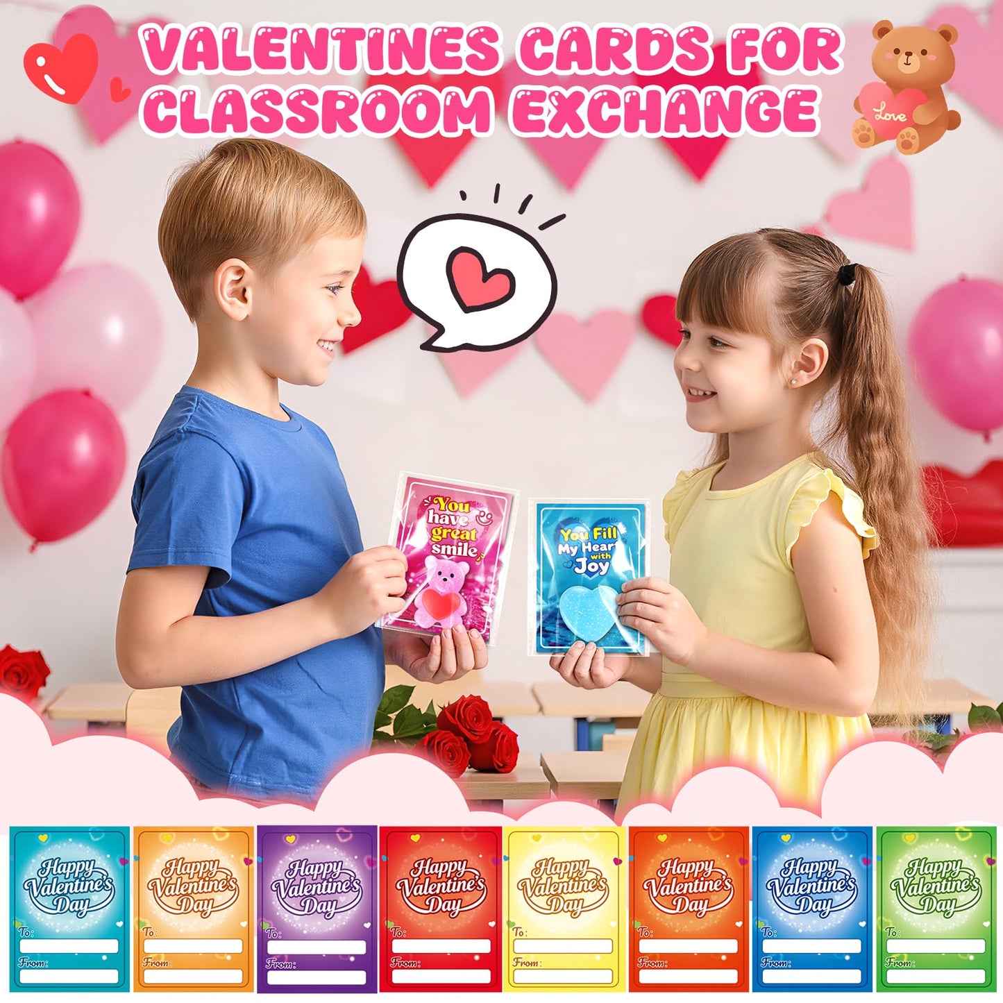 LLESSOO 24-Pack Kids Valentines Day Gifts for School – Cards & Stress Ball Fidgets