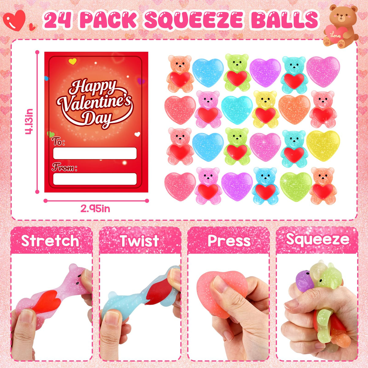 LLESSOO 24-Pack Kids Valentines Day Gifts for School – Cards & Stress Ball Fidgets