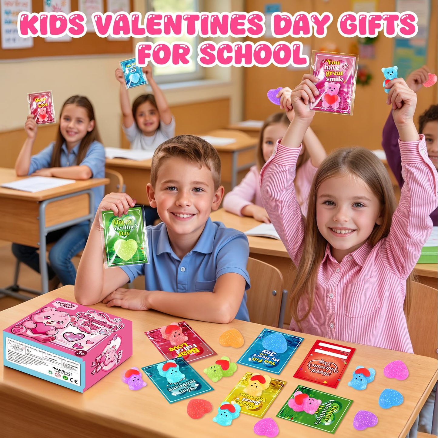 LLESSOO 24-Pack Kids Valentines Day Gifts for School – Cards & Stress Ball Fidgets