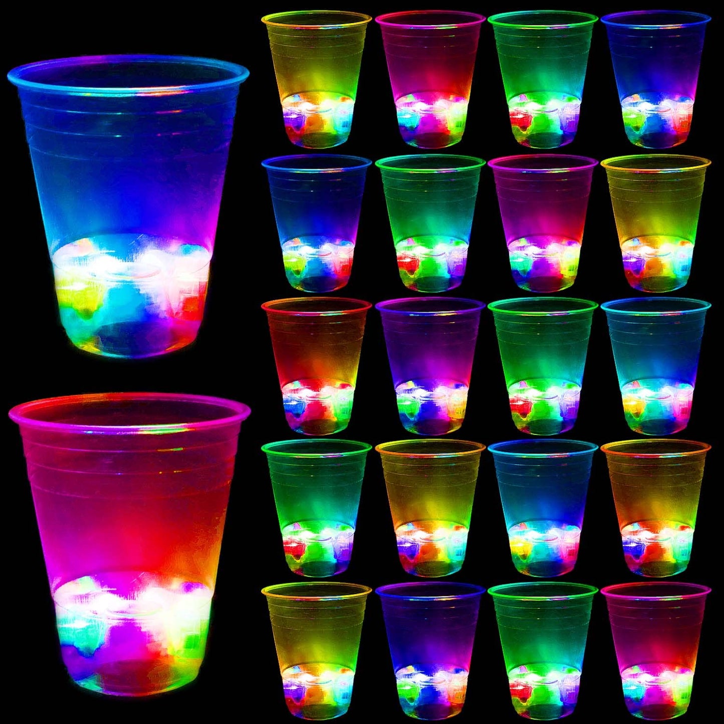 LLKMDSS 40 Pcs Glowing Party Cups – 16oz LED Light Up, 40-Pack with Waterproof Stickers