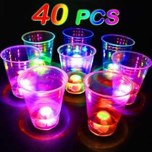 LLKMDSS 40 Pcs Glowing Party Cups – 16oz LED Light Up, 40-Pack with Waterproof Stickers