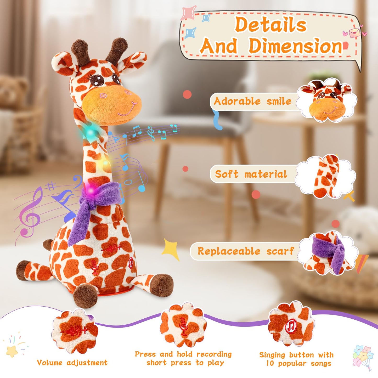 LLUKEME Dancing Giraffe Toy – Glowing Plush Singing Giraffe Repeats What You Say