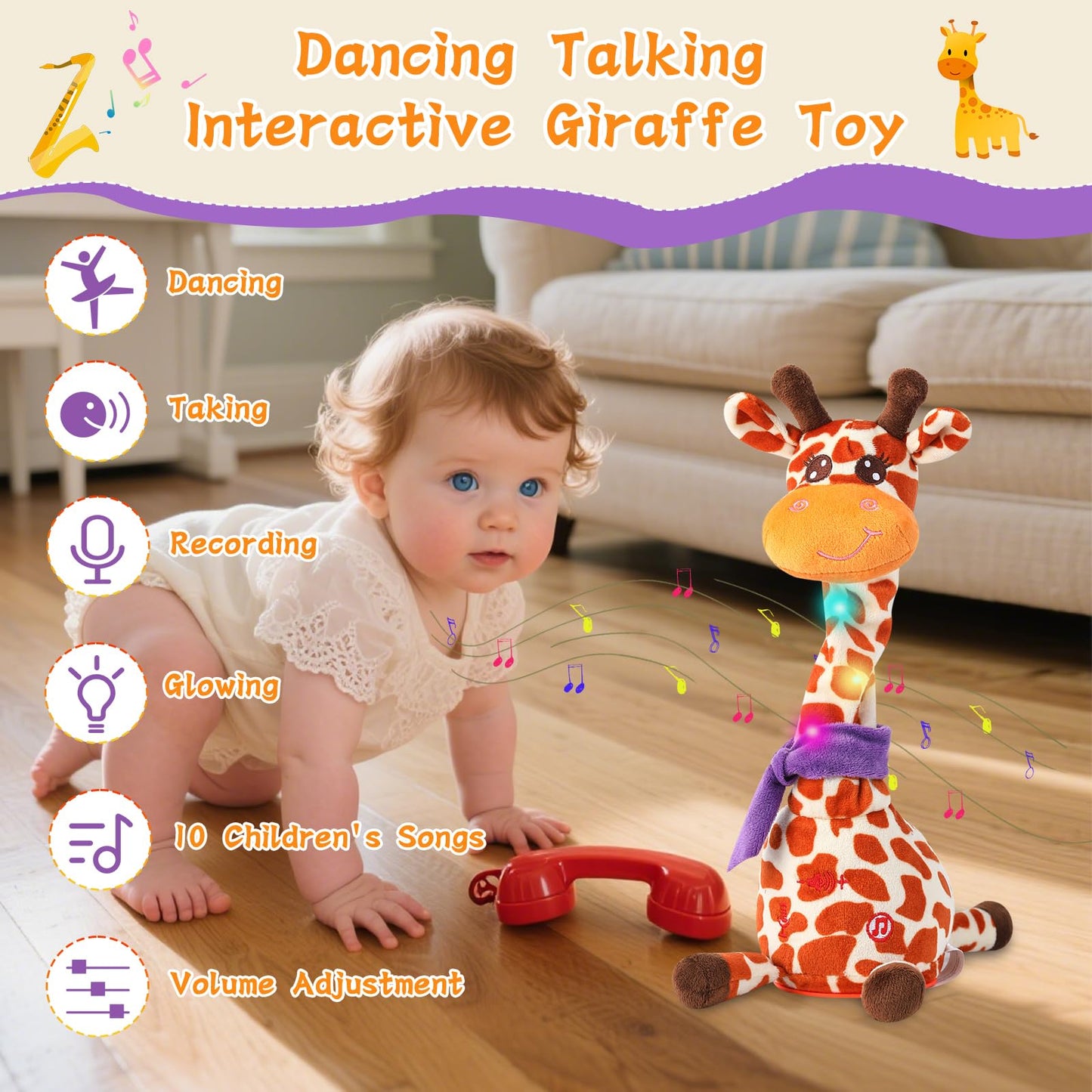 LLUKEME Dancing Talking Giraffe Toy - Repeating Voice Plush with LED Lights for Toddlers 1-3
