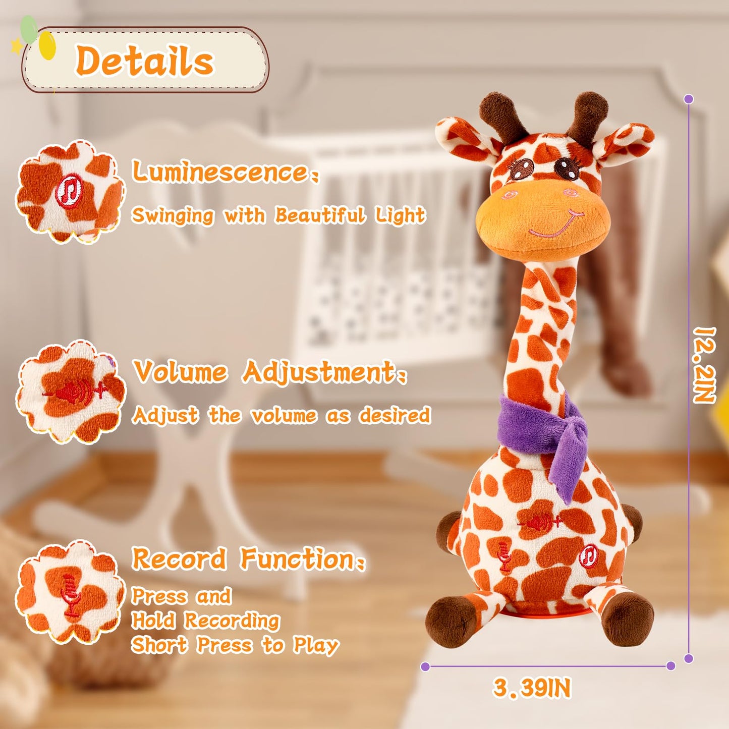 LLUKEME Dancing Talking Giraffe Toy - Repeating Voice Plush with LED Lights for Toddlers 1-3