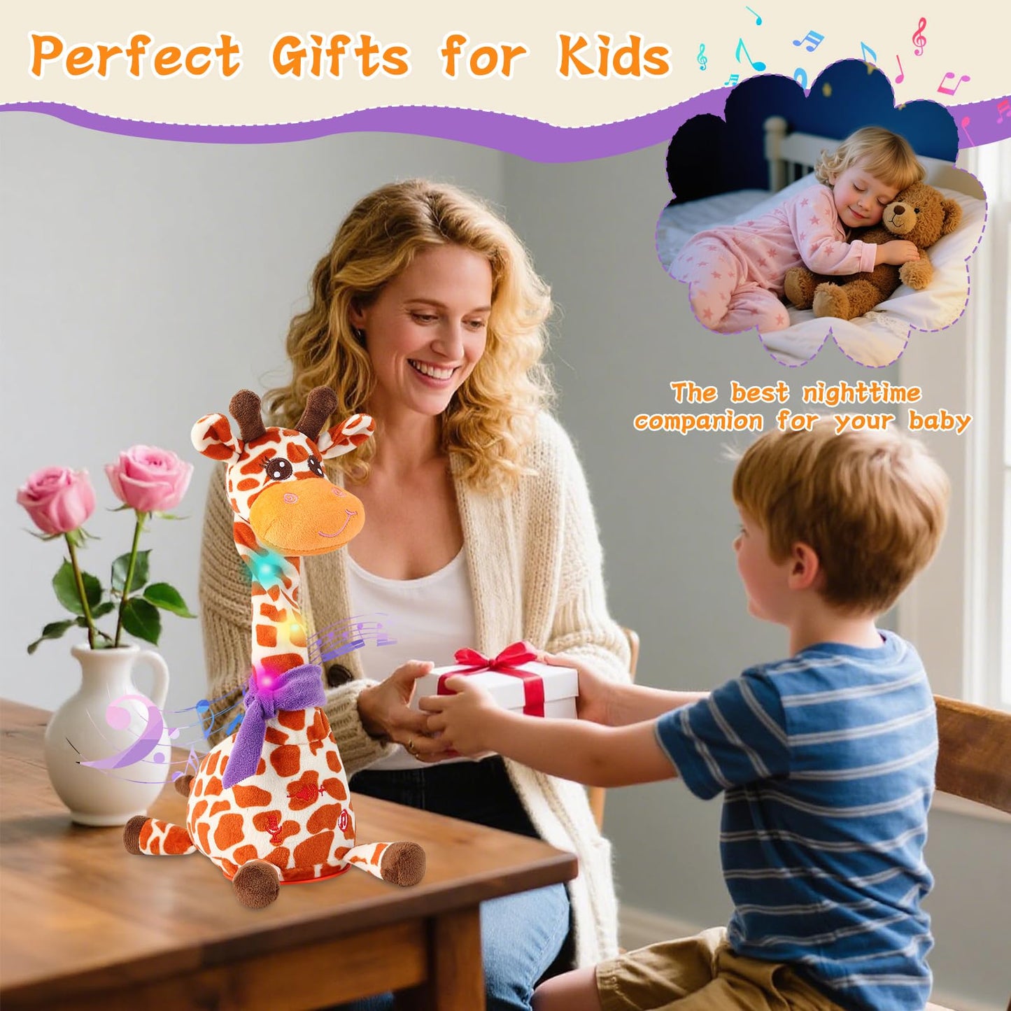 LLUKEME Dancing Talking Giraffe Toy - Repeating Voice Plush with LED Lights for Toddlers 1-3