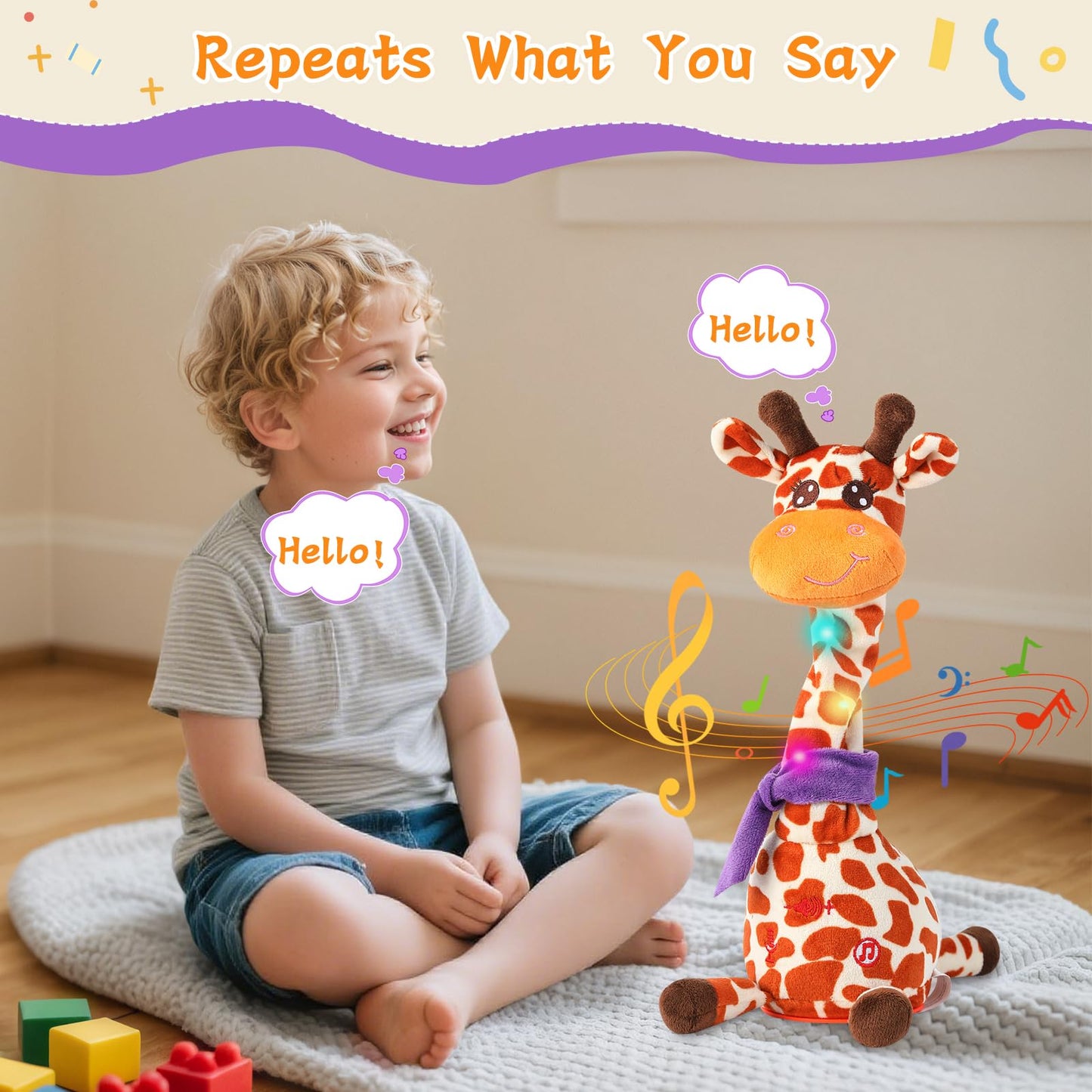 LLUKEME Dancing Talking Giraffe Toy - Repeating Voice Plush with LED Lights for Toddlers 1-3