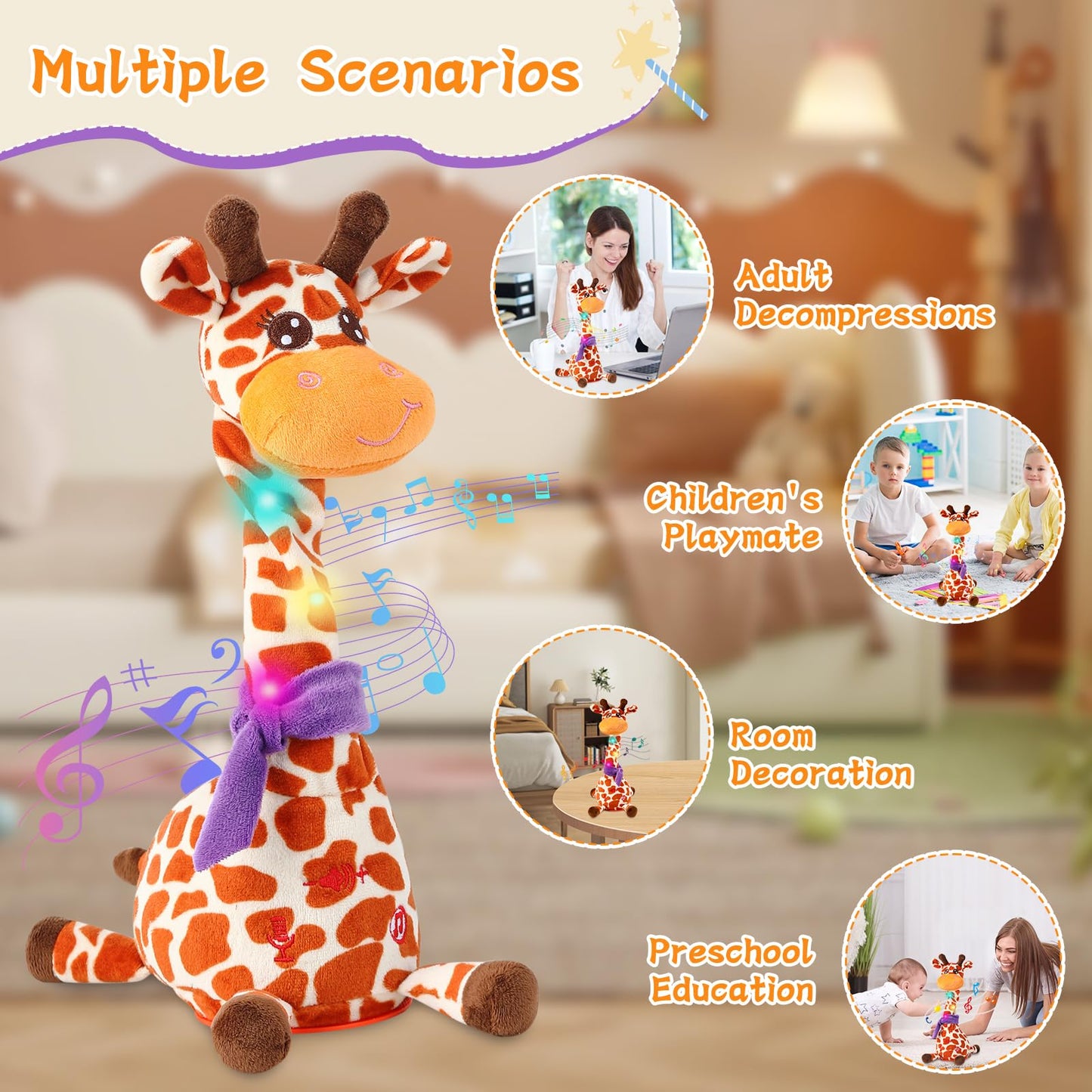 LLUKEME Dancing Talking Giraffe Toy - Repeating Voice Plush with LED Lights for Toddlers 1-3
