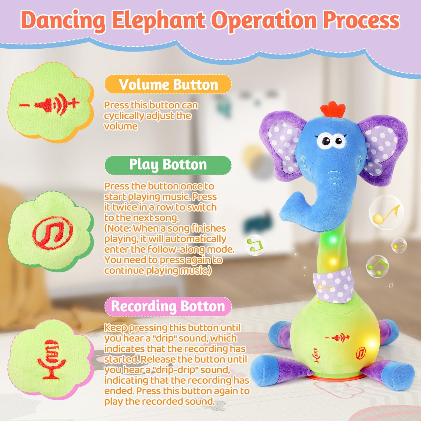 LLUKEME Dancing Talking Elephant Toy – Musical Plush for Toddlers 1-3