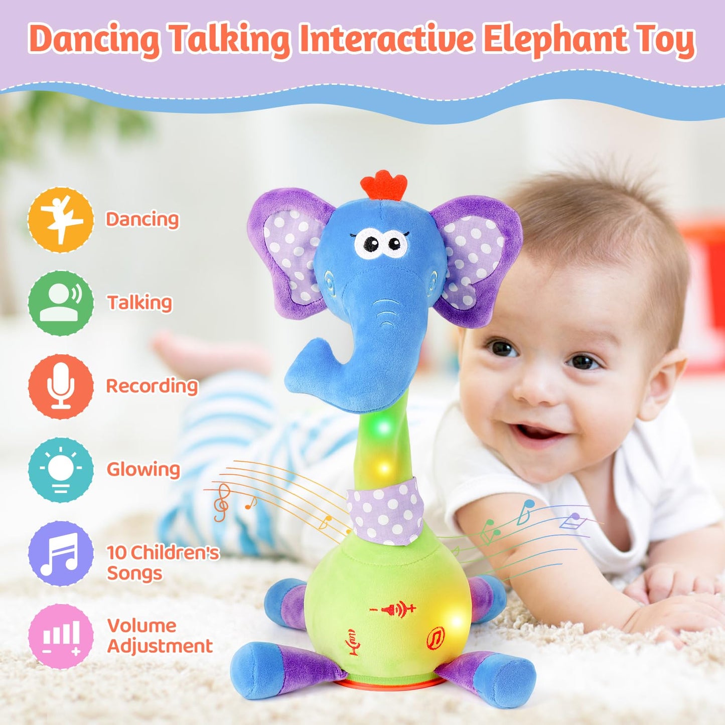 LLUKEME Dancing Talking Elephant Toy – Musical Plush for Toddlers 1-3
